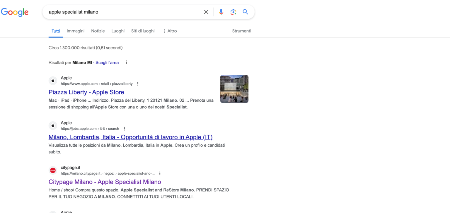 Screenshot Google SERP Apple Specialist Milano